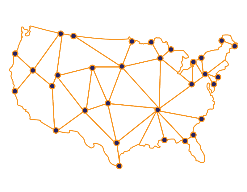 Abstract map of the USA with lines connecting different dots/cities