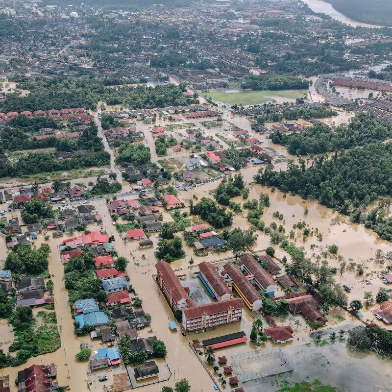 Aerial view of a flooding disaster