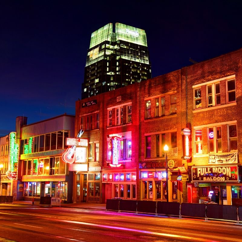 Nighttime in the the Broadway district in downtown Nashville, TN